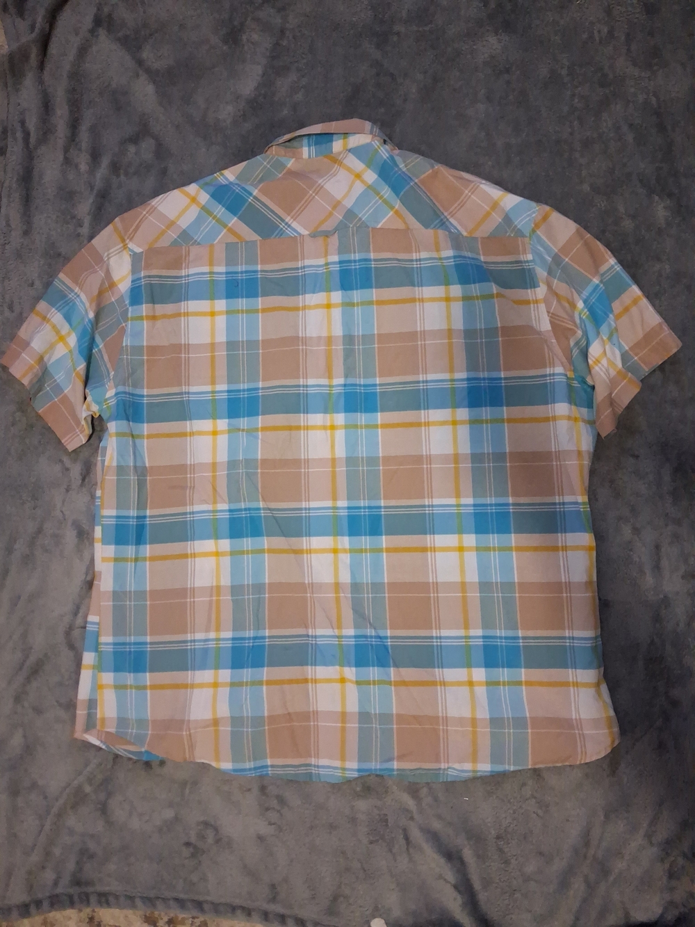 Ablanche Casual Short Sleeve Plaid Button-Down Shirt  Blue & Tan - Picture 4 of 5